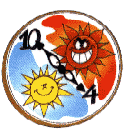Relógio mostrando as horas, 10 e 4. Antes das quatro horas mostra o desenho de um sol vermelho e depois das quatro, até as 10 horas, um sol com uma cara mais amigável.